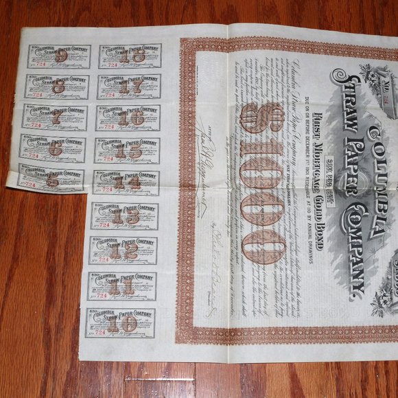 Columbia Straw Paper Company MORTGAGE GOLD BOND $1000 _ 1901 ANTIQUE - Picture 2 of 10